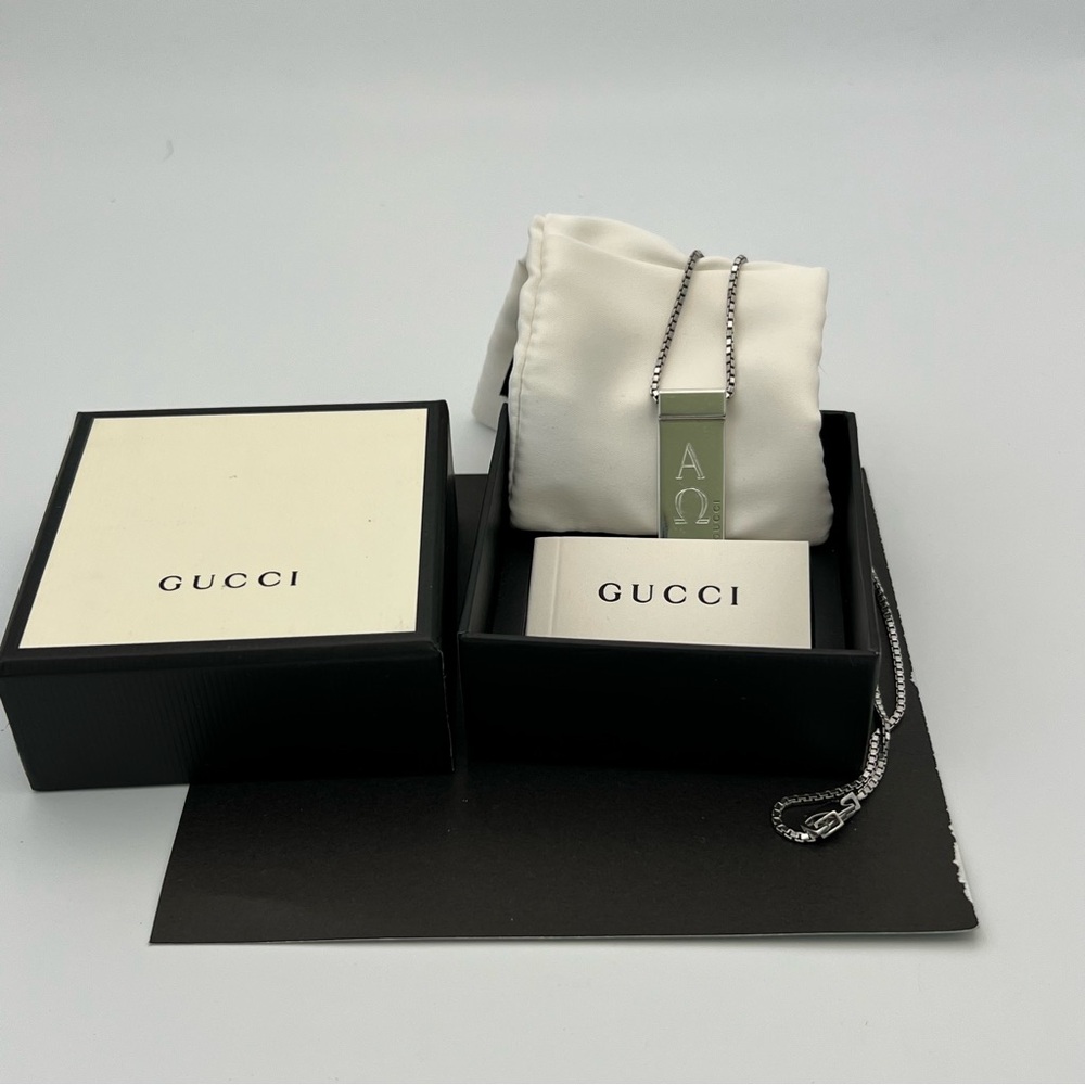 Gucci Bar Alpha Omega scripture Pendant 22” chain 925 Sterling Silver 22 Grams